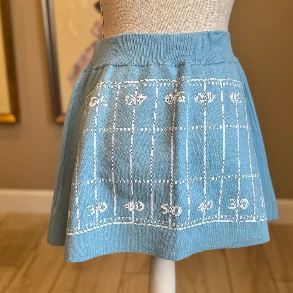 New! QUEEN OF SPARKLES Light Blue and White Sequin Football Field Mini Skirt